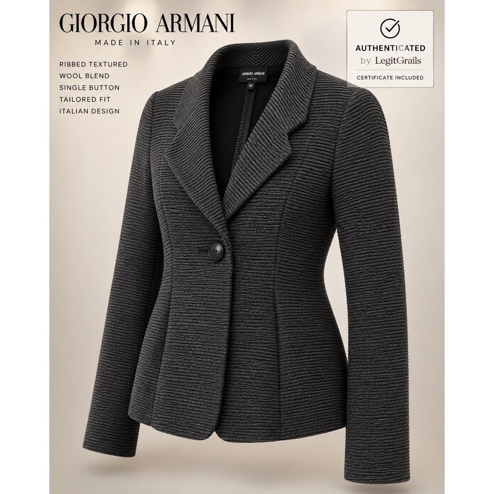 Authenticated Giorgio Armani Italy Ribbed Wool Blend Blazer Gray IT 42 Jacket